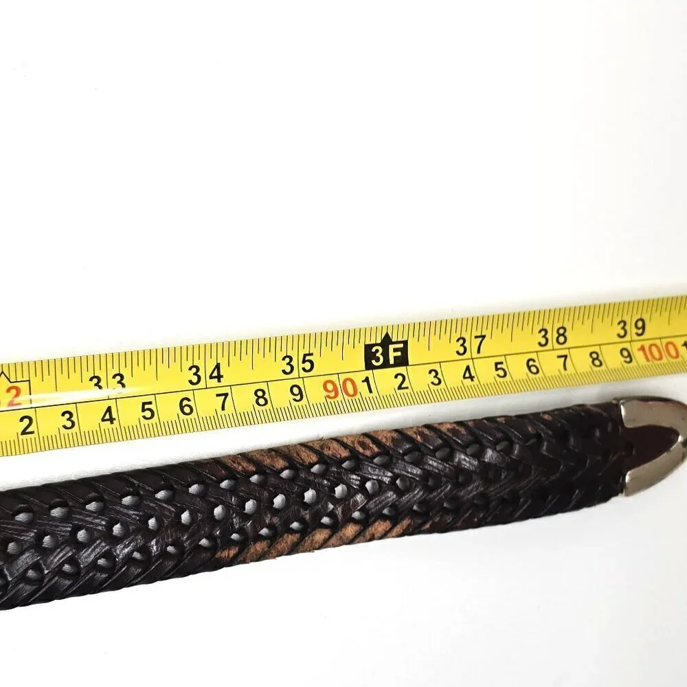 Fossil Vintage Brown Braided Leather Belt Gold Buckle